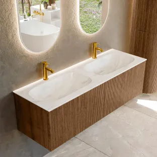MONDIAZ Kurve-dlux 140cm badmeubel - kleur Walnut - 1 lade - STOR SMALL wastafel - wasbak midden - 2 kraangaten - kleur Ostra