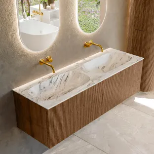 MONDIAZ Kurve-dlux 140cm badmeubel - kleur Walnut - 1 lade - STOR SMALL wastafel - wasbak midden - zonder kraangat - kleur Glace