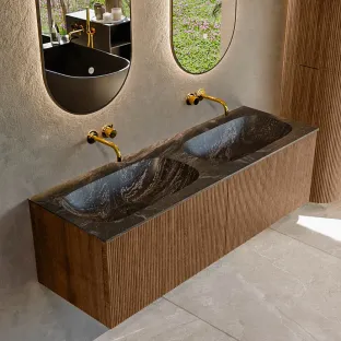 MONDIAZ Kurve-dlux 140cm badmeubel - kleur Walnut - 1 lade - STOR SMALL wastafel - wasbak midden - zonder kraangat - kleur Lava