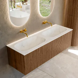 MONDIAZ Kurve-dlux 140cm badmeubel - kleur Walnut - 1 lade - STOR SMALL wastafel - wasbak midden - zonder kraangat - kleur Opalo