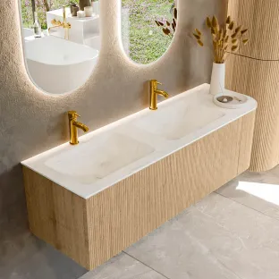 MONDIAZ Kurve-dlux 145cm badmeubel - kleur Oak - 1 lade - LEAF wastafel - wasbak midden - 2 kraangaten - kleur Opalo