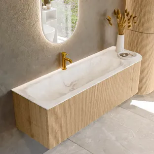 MONDIAZ Kurve-dlux 145cm badmeubel - kleur Oak - 2 lades - BIG LARGE wastafel - wasbak midden - 1 kraangat - kleur Frappe