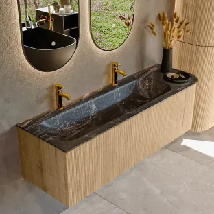 MONDIAZ Kurve-dlux 145cm badmeubel - kleur Oak - 2 lades - BIG LARGE wastafel - wasbak midden - 2 kraangaten - kleur Lava