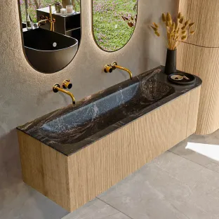 MONDIAZ Kurve-dlux 145cm badmeubel - kleur Oak - 2 lades - BIG LARGE wastafel - wasbak midden - zonder kraangat - kleur Lava