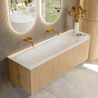 MONDIAZ Kurve-dlux 145cm badmeubel - kleur Oak - 2 lades - BIG LARGE wastafel - wasbak midden - zonder kraangat - kleur Opalo