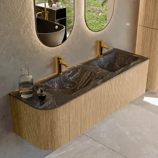 MONDIAZ Kurve-dlux 145cm badmeubel - kleur Oak - 2 lades - LEAF wastafel - wasbak Links - 2 kraangaten - kleur Lava
