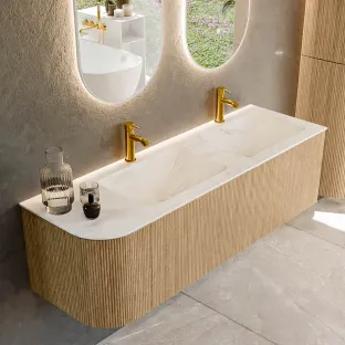 MONDIAZ Kurve-dlux 145cm badmeubel - kleur Oak - 2 lades - LEAF wastafel - wasbak Links - 2 kraangaten - kleur Ostra