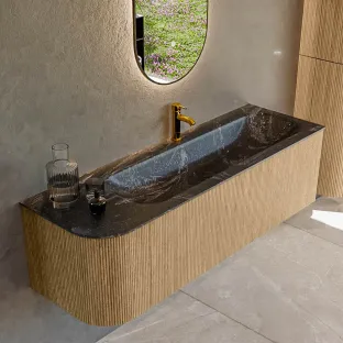 MONDIAZ Kurve-dlux 145cm badmeubel - kleur Oak - 3 lades - BIG LARGE wastafel - wasbak Links - 1 kraangat - kleur Lava