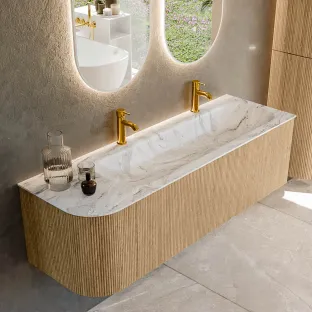 MONDIAZ Kurve-dlux 145cm badmeubel - kleur Oak - 3 lades - BIG LARGE wastafel - wasbak Links - 2 kraangaten - kleur Glace
