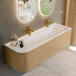 MONDIAZ Kurve-dlux 145cm badmeubel - kleur Oak - 3 lades - BIG LARGE wastafel - wasbak Links - 2 kraangaten - kleur Ostra