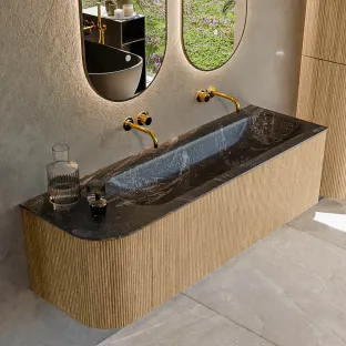 MONDIAZ Kurve-dlux 145cm badmeubel - kleur Oak - 3 lades - BIG LARGE wastafel - wasbak Links - zonder kraangat - kleur Lava