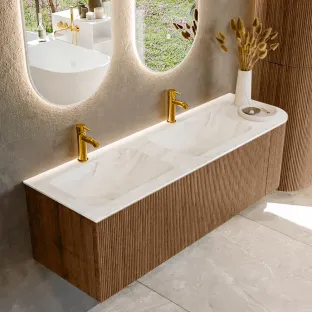 MONDIAZ Kurve-dlux 145cm badmeubel - kleur Walnut - 1 lade - LEAF wastafel - wasbak midden - 2 kraangaten - kleur Ostra