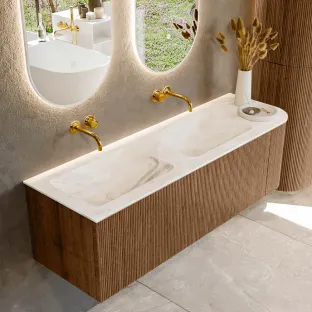 MONDIAZ Kurve-dlux 145cm badmeubel - kleur Walnut - 1 lade - LEAF wastafel - wasbak midden - zonder kraangat - kleur Frappe