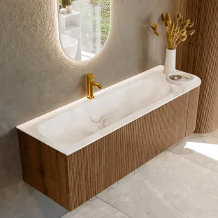 MONDIAZ Kurve-dlux 145cm badmeubel - kleur Walnut - 2 lades - BIG LARGE wastafel - wasbak midden - 1 kraangat - kleur Frappe