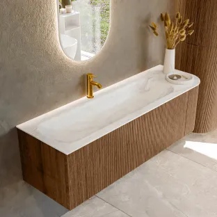 MONDIAZ Kurve-dlux 145cm badmeubel - kleur Walnut - 2 lades - BIG LARGE wastafel - wasbak midden - 1 kraangat - kleur Ostra