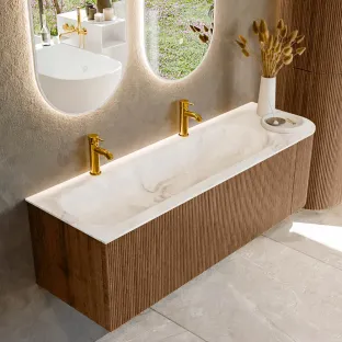 MONDIAZ Kurve-dlux 145cm badmeubel - kleur Walnut - 2 lades - BIG LARGE wastafel - wasbak midden - 2 kraangaten - kleur Frappe