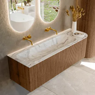 MONDIAZ Kurve-dlux 145cm badmeubel - kleur Walnut - 2 lades - BIG LARGE wastafel - wasbak midden - zonder kraangat - kleur Glace