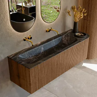MONDIAZ Kurve-dlux 145cm badmeubel - kleur Walnut - 2 lades - BIG LARGE wastafel - wasbak midden - zonder kraangat - kleur Lava
