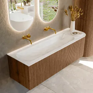MONDIAZ Kurve-dlux 145cm badmeubel - kleur Walnut - 2 lades - BIG LARGE wastafel - wasbak midden - zonder kraangat - kleur Ostra
