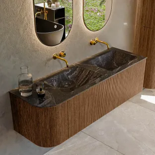 MONDIAZ Kurve-dlux 145cm badmeubel - kleur Walnut - 2 lades - LEAF wastafel - wasbak Links - zonder kraangat - kleur Lava