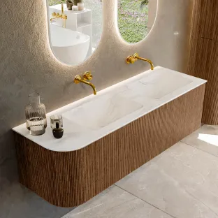 MONDIAZ Kurve-dlux 145cm badmeubel - kleur Walnut - 2 lades - LEAF wastafel - wasbak Links - zonder kraangat - kleur Ostra