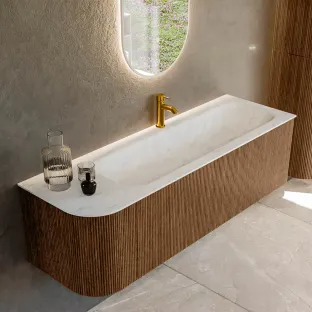 MONDIAZ Kurve-dlux 145cm badmeubel - kleur Walnut - 3 lades - BIG LARGE wastafel - wasbak Links - 1 kraangat - kleur Opalo