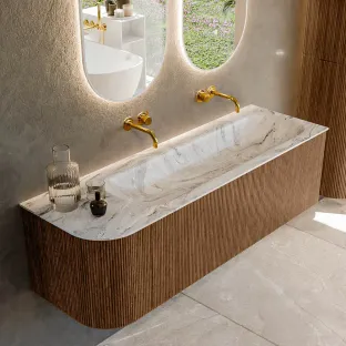 MONDIAZ Kurve-dlux 145cm badmeubel - kleur Walnut - 3 lades - BIG LARGE wastafel - wasbak Links - zonder kraangat - kleur Glace