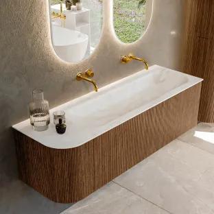 MONDIAZ Kurve-dlux 145cm badmeubel - kleur Walnut - 3 lades - BIG LARGE wastafel - wasbak Links - zonder kraangat - kleur Ostra