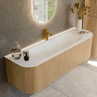 MONDIAZ Kurve-dlux 150cm badmeubel - kleur Oak - 1 lade - BIG MEDIUM wastafel - wasbak Links en Rechts - 1 kraangat - kleur Opalo