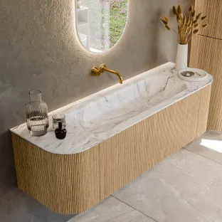 MONDIAZ Kurve-dlux 150cm badmeubel - kleur Oak - 1 lade - BIG MEDIUM wastafel - wasbak Links en Rechts - zonder kraangat - kleur Glace