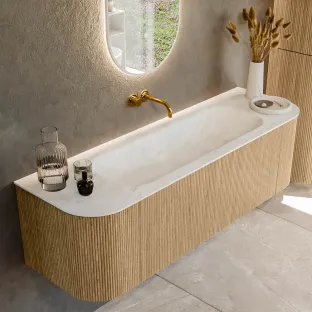 MONDIAZ Kurve-dlux 150cm badmeubel - kleur Oak - 1 lade - BIG MEDIUM wastafel - wasbak Links en Rechts - zonder kraangat - kleur Opalo