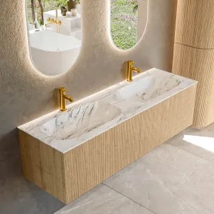 MONDIAZ Kurve-dlux 150cm badmeubel - kleur Oak - 1 lade - STOR SMALL wastafel - wasbak midden - 2 kraangaten - kleur Glace