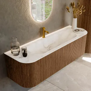 MONDIAZ Kurve-dlux 150cm badmeubel - kleur Walnut - 1 lade - BIG MEDIUM wastafel - wasbak Links en Rechts - 1 kraangat - kleur Frappe