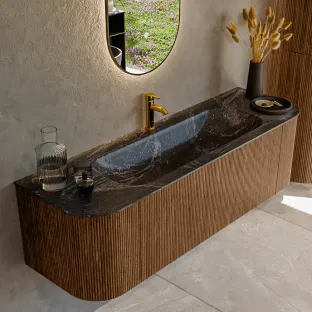 MONDIAZ Kurve-dlux 150cm badmeubel - kleur Walnut - 1 lade - BIG MEDIUM wastafel - wasbak Links en Rechts - 1 kraangat - kleur Lava