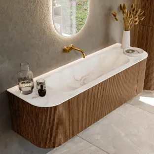 MONDIAZ Kurve-dlux 150cm badmeubel - kleur Walnut - 1 lade - BIG MEDIUM wastafel - wasbak midden - zonder kraangat - kleur Frappe