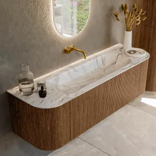MONDIAZ Kurve-dlux 150cm badmeubel - kleur Walnut - 1 lade - BIG MEDIUM wastafel - wasbak Links en Rechts - zonder kraangat - kleur Glace