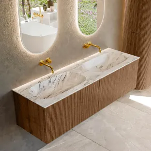 MONDIAZ Kurve-dlux 150cm badmeubel - kleur Walnut - 1 lade - STOR SMALL wastafel - wasbak midden - zonder kraangat - kleur Glace