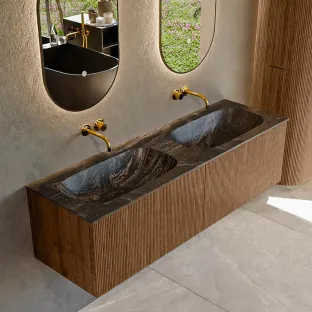 MONDIAZ Kurve-dlux 150cm badmeubel - kleur Walnut - 1 lade - STOR SMALL wastafel - wasbak midden - zonder kraangat - kleur Lava