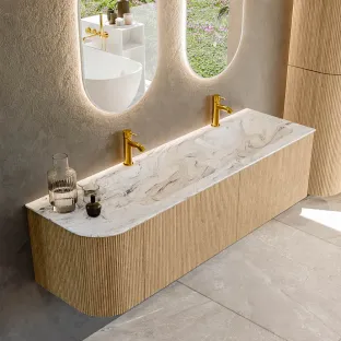 MONDIAZ Kurve-dlux 155cm badmeubel - kleur Oak - 2 lades - LEAF wastafel - wasbak Links - 2 kraangaten - kleur Glace