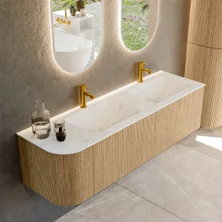 MONDIAZ Kurve-dlux 155cm badmeubel - kleur Oak - 2 lades - LEAF wastafel - wasbak Links - 2 kraangaten - kleur Opalo