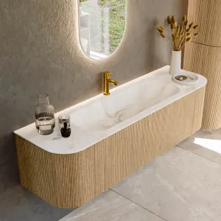MONDIAZ Kurve-dlux 160cm badmeubel - kleur Oak - 1 lade - BIG MEDIUM wastafel - wasbak Links en Rechts - 1 kraangat - kleur Frappe