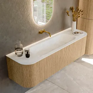 MONDIAZ Kurve-dlux 160cm badmeubel - kleur Oak - 1 lade - BIG MEDIUM wastafel - wasbak Links en Rechts - zonder kraangat - kleur Opalo