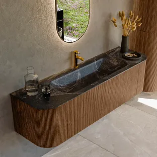 MONDIAZ Kurve-dlux 160cm badmeubel - kleur Walnut - 1 lade - BIG MEDIUM wastafel - wasbak Links en Rechts - 1 kraangat - kleur Lava