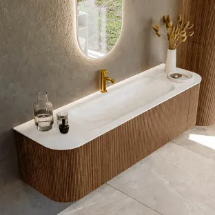 MONDIAZ Kurve-dlux 160cm badmeubel - kleur Walnut - 1 lade - BIG MEDIUM wastafel - wasbak Links en Rechts - 1 kraangat - kleur Ostra