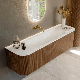 MONDIAZ Kurve-dlux 160cm badmeubel - kleur Walnut - 1 lade - BIG MEDIUM wastafel - wasbak Links en Rechts - zonder kraangat - kleur Ostra