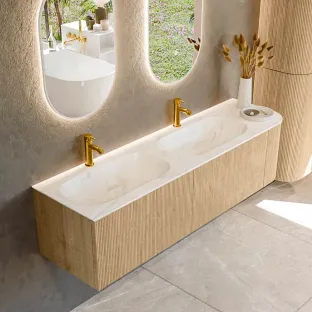 MONDIAZ Kurve-dlux 165cm badmeubel - kleur Oak - 1 lade - STOR SMALL wastafel - wasbak Links - 2 kraangaten - kleur Ostra