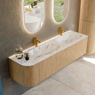 MONDIAZ Kurve-dlux 165cm badmeubel - kleur Oak - 2 lades - STOR SMALL wastafel - wasbak Links - 2 kraangaten - kleur Glace