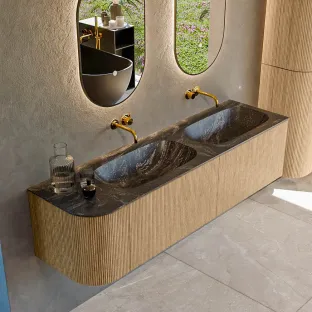 MONDIAZ Kurve-dlux 165cm badmeubel - kleur Oak - 2 lades - STOR SMALL wastafel - wasbak Links - zonder kraangat - kleur Lava