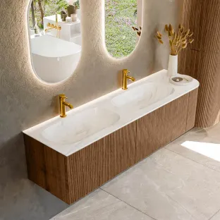 MONDIAZ Kurve-dlux 165cm badmeubel - kleur Walnut - 1 lade - STOR SMALL wastafel - wasbak Links - 2 kraangaten - kleur Ostra