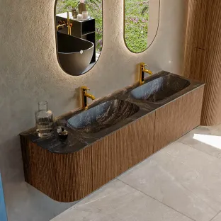 MONDIAZ Kurve-dlux 165cm badmeubel - kleur Walnut - 2 lades - STOR SMALL wastafel - wasbak Links - 2 kraangaten - kleur Lava